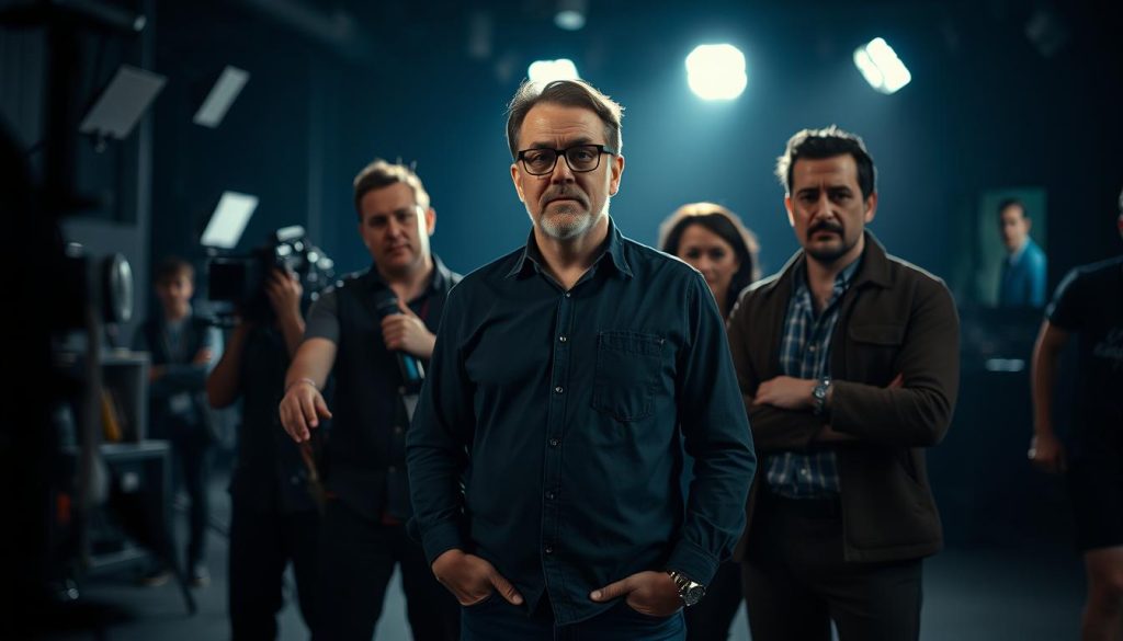 A cinematic group portrait of a skilled film production team, framed with dramatic lighting and deep depth of field. In the foreground, the director stands confidently, surrounded by the cinematographer, editor, and producer, each captured in a thoughtful, focused pose. The background is softly blurred, hinting at the bustling set and creative energy behind the scenes. The lighting is a moody, high-contrast chiaroscuro, casting dramatic shadows and highlighting the determined expressions of the crew. The overall composition conveys a sense of unity, professionalism, and the collaborative nature of bringing a cinematic vision to life.