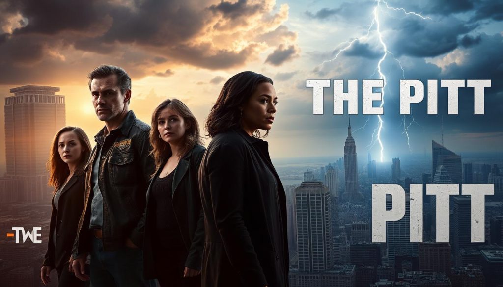 A cinematic scene depicting the anticipated second season of the acclaimed series "The Pitt". In the foreground, the lead characters stand resolute, their expressions conveying a sense of determination as they face an uncertain future. The middle ground features a sprawling cityscape, with towering skyscrapers and bustling streets, hinting at the grand scale and complexity of the narrative to come. In the background, a dramatic sky filled with ominous clouds and flashes of lightning, suggesting the high-stakes challenges and turbulent events that await the characters. The overall mood is one of anticipation and foreboding, capturing the essence of the series' continuation and the compelling possibilities it holds.