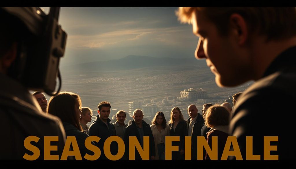 A dramatic, cinematic scene of a season finale unfolds. The camera angles capture a sense of grandeur and tension, with a mix of wide, establishing shots and tighter, more intimate perspectives. Bright, warm lighting illuminates the foreground, casting dramatic shadows and highlights. In the middle ground, a group of characters gather, their expressions intense and their body language suggesting a climactic moment. The background features an impressive, detailed cityscape or landscape, hinting at the wider world beyond the central action. The overall mood is one of high stakes, anticipation, and a feeling that the story is reaching a pivotal turning point. The composition and visual style evoke the cinematic quality of a season finale of a high-quality television drama.