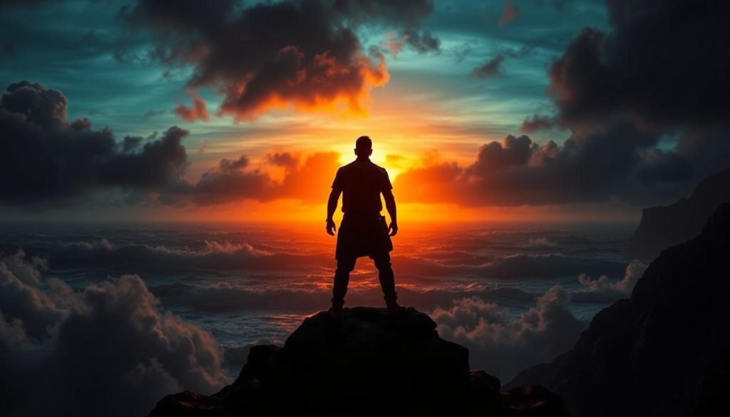 A dramatic nighttime scene with a silhouetted figure standing atop a cliff, overlooking a vast, stormy seascape. The figure is backlit by an intense, fiery sunset, casting long shadows across the rugged terrain. Swirling clouds and crashing waves create a sense of tension and foreboding. The lighting is high-contrast, with deep shadows and highlights that accentuate the scene's cinematic quality. The overall mood is one of intrigue, suspense, and the impending conclusion of a gripping narrative. A dramatic nighttime scene with a silhouetted figure standing atop a cliff, overlooking a vast, stormy seascape. The figure is backlit by an intense, fiery sunset, casting long shadows across the rugged terrain. Swirling clouds and crashing waves create a sense of tension and foreboding. The lighting is high-contrast, with deep shadows and highlights that accentuate the scene's cinematic quality. The overall mood is one of intrigue, suspense, and the impending conclusion of a gripping narrative.