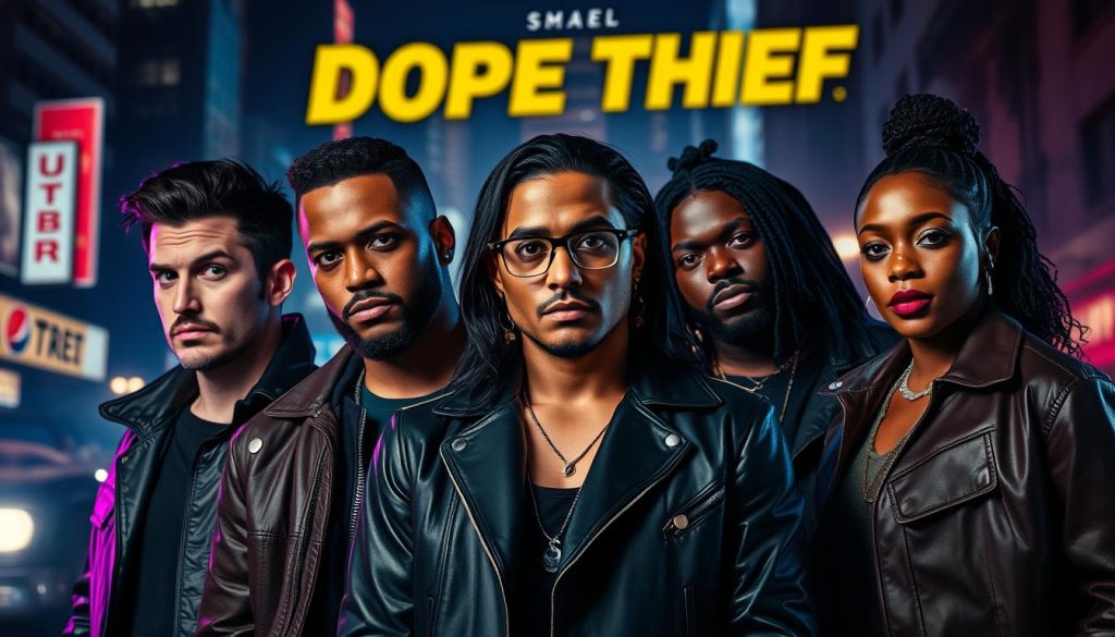 A high-definition, cinematic portrait of the lead cast of the TV series "Dope Thief". In the foreground, the five main actors are gathered together, each with a distinct and captivating expression - one is pensive, another determined, the third cocky, the fourth apprehensive, and the fifth resolute. They are dressed in stylish, modern outfits that reflect the urban, gritty tone of the show. The lighting is dramatic, with bold shadows and highlights that accentuate the actors' features. The background is a dimly lit, neon-tinged cityscape, hinting at the criminal underworld the characters inhabit. The overall mood is one of intrigue, tension, and a touch of glamour, perfectly encapsulating the essence of the "Dope Thief" series.