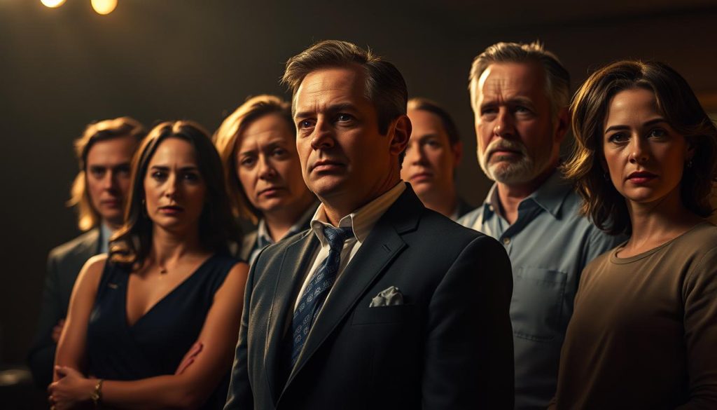 A highly detailed portrait of the principal cast of the popular TV series "The Pitt", captured in a cinematic and sophisticated style. The ensemble stands in a dimly lit, ambient setting, their expressions and body language conveying the complex emotions and dynamics of their characters. Warm, dramatic lighting accentuates their distinct facial features and characteristic styles, while a subtle depth of field creates a sense of depth and focus. The background is softly blurred, keeping the viewer's attention firmly on the talented actors at the heart of this captivating drama.