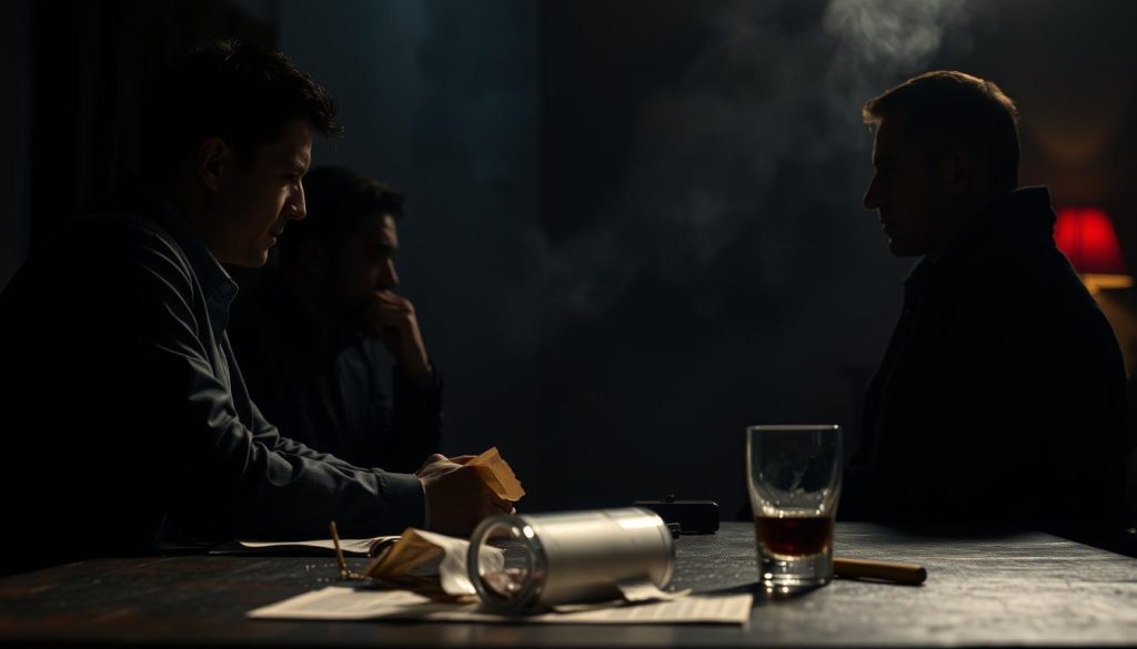 A meticulously detailed crime drama scene, set against a dimly lit backdrop. In the foreground, shadowy figures engaged in intense discussion, their expressions conveying a sense of high stakes and intrigue. The middle ground features an array of subtle visual cues - a tattered newspaper, a half-empty glass, a discarded cigarette - hinting at the complexities of the narrative. The background is shrouded in an ominous atmosphere, with muted colors and a sense of impending danger. The lighting is dramatic, with strategic use of chiaroscuro to create a moody, cinematic feel. The overall composition suggests a world of moral ambiguity, where the lines between good and evil are blurred, and the audience is left to unravel the tangled web of the crime drama.