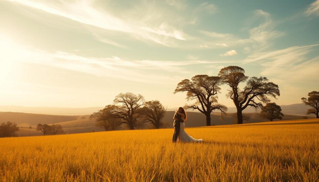 A serene meadow bathed in warm, golden sunlight. In the foreground, a couple embraces, their silhouettes dancing in the gentle breeze. Behind them, a vast, rolling landscape stretches out, dotted with towering trees whose leaves flutter and sway, as if chasing the wind. The sky above is a breathtaking canvas of soft, wispy clouds, casting delicate shadows upon the scene. The mood is one of tender romance, of two souls united in a timeless moment, their journey intertwined with the natural world around them. Cinematic in its composition, this image captures the essence of "Chasing the Wind" - a love story unfolding amidst the beauty and tranquility of the great outdoors.