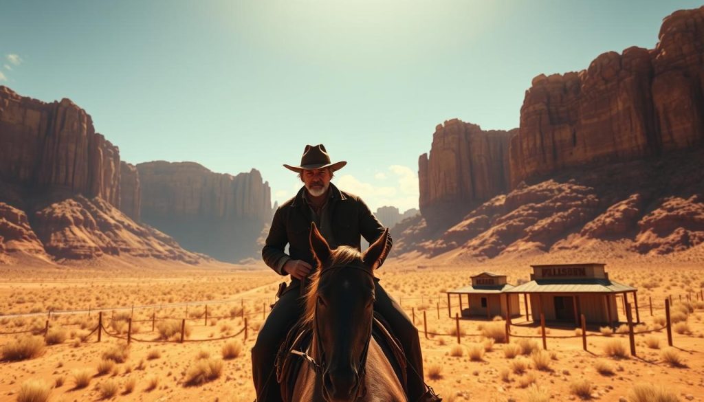 A vast, sun-drenched landscape of the American Old West, with towering mesas, weathered rock formations, and a cloudless azure sky. In the foreground, a lone figure on horseback, a rugged cowboy silhouetted against the horizon, his weathered face and steely gaze conveying the grit and determination of the frontier. In the middle ground, a small frontier town, its wooden buildings and hitching posts evoking a bygone era of saloons, gunslingers, and the pursuit of manifest destiny. The entire scene is bathed in warm, golden light, creating a sense of timelessness and the enduring allure of the Western genre.