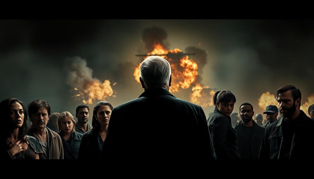 High-contrast cinematic scene of pivotal events from the first season of the TV series "The Pitt". The foreground depicts a group of characters gathered around a central figure, their faces etched with intense emotions - fear, determination, despair. The middle ground showcases a dramatic action sequence, with explosions, gunfire, and chaos unfolding. The background is shrouded in a moody, atmospheric haze, hinting at the larger stakes and consequences at play. Dramatic chiaroscuro lighting casts striking shadows, heightening the sense of tension and high-stakes drama. The overall composition conveys the weight and significance of the narrative events being depicted.