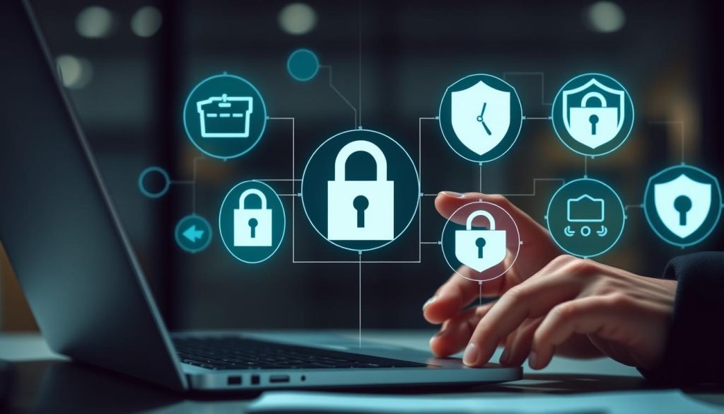 شخص يتصفح الإنترنت بأمان مع رموز الخصوصية والأمان