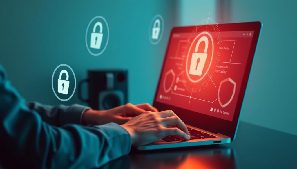 شخص يستخدم الكمبيوتر بأمان مع رموز الحماية والخصوصية