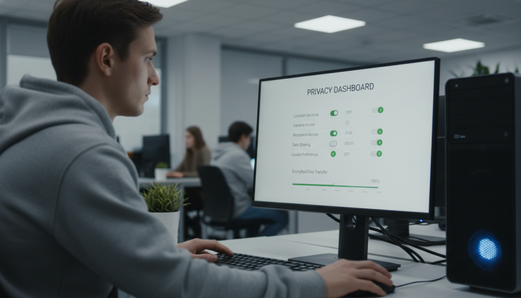 رجل يستخدم جهاز كمبيوتر مع تفعيل إعدادات الخصوصية