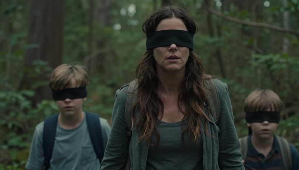 ساندرا بولوك في مشهد من فيلم Bird Box وهي معصوبة العينين ساندرا بولوك في مشهد من فيلم Bird Box وهي معصوبة العينين