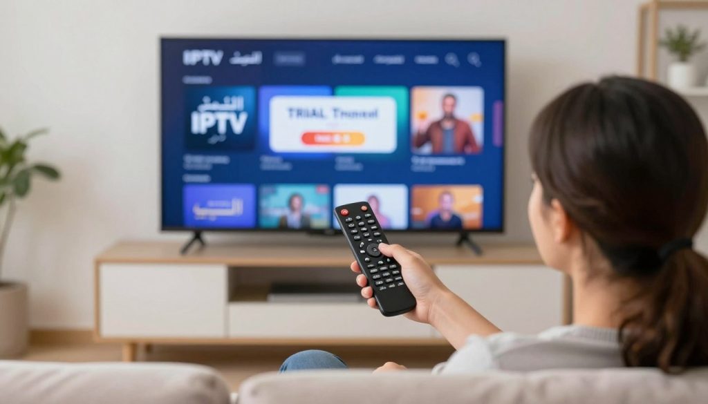 شخص يقوم بتجربة خدمة IPTV قبل الاشتراك للتأكد من جودتها شخص يقوم بتجربة خدمة IPTV قبل الاشتراك للتأكد من جودتها