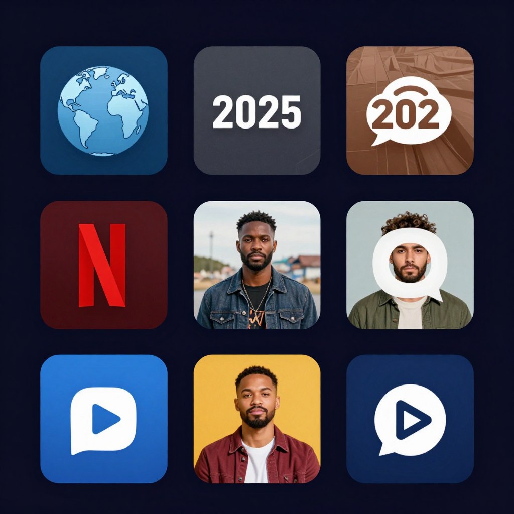 شعار نتفلكس مع رموز تمثل اتجاهات المحتوى في 2025 ضمن أفضل عشر مسلسلات على نتفلكس في 2025