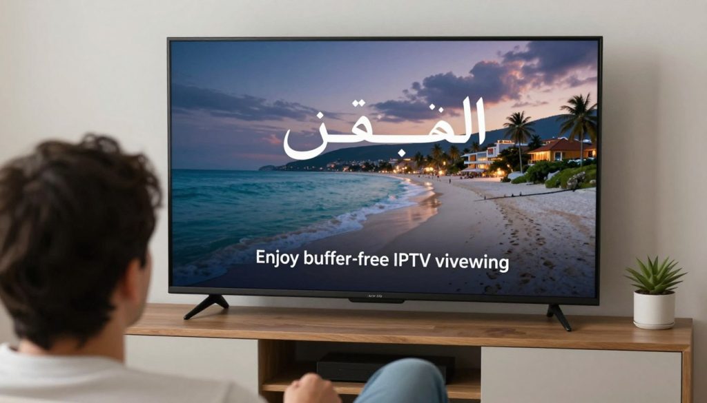 صورة توضح شخصاً يستمتع بمشاهدة IPTV بدون تقطيع بعد تطبيق الحلول المذكورة صورة توضح شخصاً يستمتع بمشاهدة IPTV بدون تقطيع بعد تطبيق الحلول المذكورة